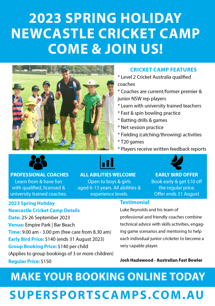 Newcastle Cricket Camp 2023 Spring Holidays Super Sports Camps